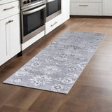 Homeroots 8' Black And Silver Floral Power Loom Distressed Non Skid Runner Rug  Polyester 514287