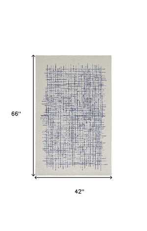 Homeroots 4' X 6' Ivory And Blue Wool Crosshatch Hand Tufted Area Rug Ivory,Blue Wool 514351