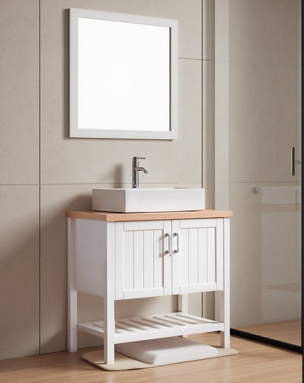 English Elm 32" Bathroom Vanity With Sink, Modern Solid Wood Cabinet For Small Spaces, Stylish Open Shelf Design W3151S00013