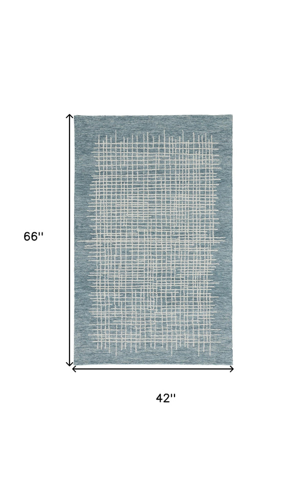 Homeroots 4' X 6' Blue And Ivory Wool Plaid Tufted Handmade Stain Resistant Area Rug Blue,Ivory Wool 514365