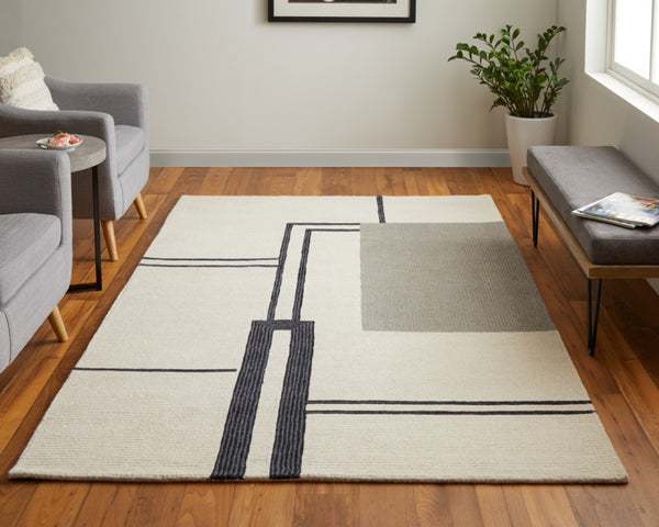 HomeRoots 4' Soft Gray and Ivory Wool Area Rug with Abstract Geometric Design for Modern Living Spaces 5' X 8' 514373