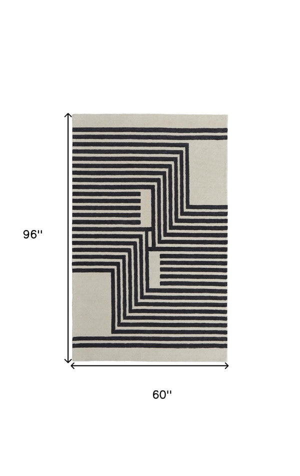 HomeRoots 4' Gray and Black Abstract Geometric Wool Area Rug – Hand-Tufted Artisan Design for Modern Spaces 5' X 8' 514380