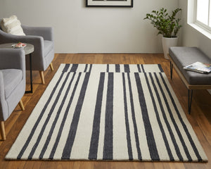 HomeRoots 4' Luxurious Ivory and Black Hand-Tufted Wool Abstract Area Rug for Modern Home Décor Elegance 5' X 8' 514387