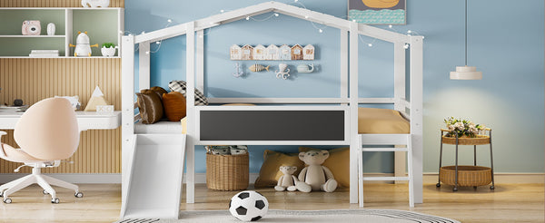 English Elm Twin House Loft Bed with Slide Chalkboard Panel and Led Roofline for Kids White WF324323AAK