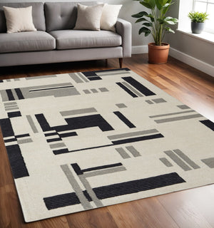 HomeRoots 4' Hand-Tufted Wool Area Rug in Ivory, Black & Gray – Modern Abstract Design for Elegant Spaces 5' X 8' 514401