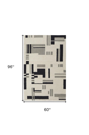 HomeRoots 4' Hand-Tufted Wool Area Rug in Ivory, Black & Gray – Modern Abstract Design for Elegant Spaces 5' X 8' 514401