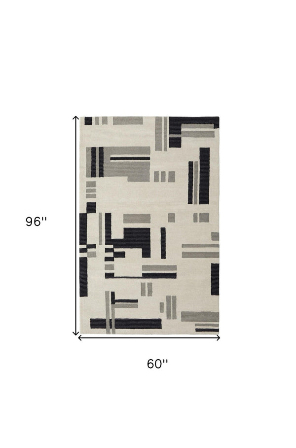 HomeRoots 4' Hand-Tufted Wool Area Rug in Ivory, Black & Gray – Modern Abstract Design for Elegant Spaces 5' X 8' 514401