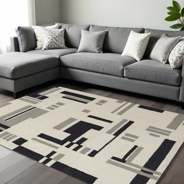 HomeRoots 4' Hand-Tufted Wool Area Rug in Ivory, Black & Gray – Modern Abstract Design for Elegant Spaces 8' X 10' 514402