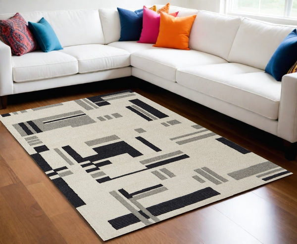 HomeRoots 4' Hand-Tufted Wool Area Rug in Ivory, Black & Gray – Modern Abstract Design for Elegant Spaces 10' X 14' 514404
