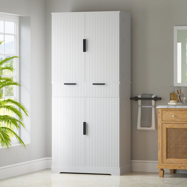 English Elm 72" Fluted Kitchen Pantry Cabinet with Anti-Tilt Stabilizers, Triple-Fold Hinges, Spice Door Racks and Deep Storage White W2917P294978