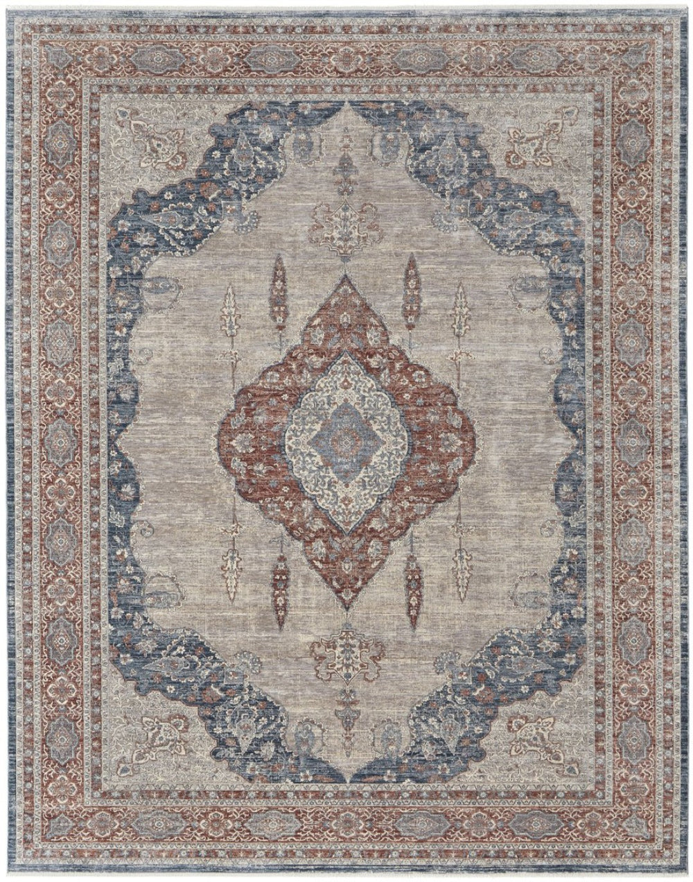HomeRoots 5' Elegant Gray Red and Blue Floral Area Rug - Durable, Stain-Resistant Design for Any Room 5' X 7' 514456