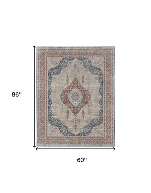 HomeRoots 5' Elegant Gray Red and Blue Floral Area Rug - Durable, Stain-Resistant Design for Any Room 5' X 7' 514456