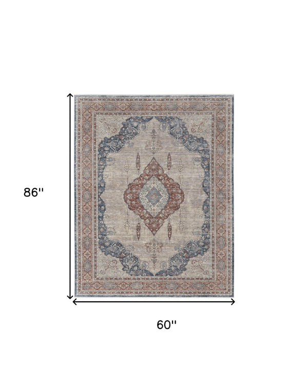 HomeRoots 5' Elegant Gray Red and Blue Floral Area Rug - Durable, Stain-Resistant Design for Any Room 5' X 7' 514456