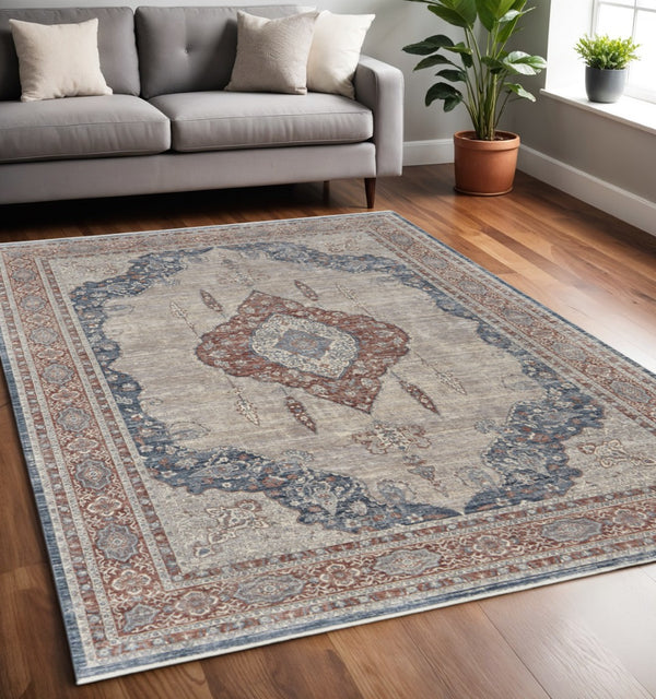 HomeRoots 5' Elegant Gray Red and Blue Floral Area Rug - Durable, Stain-Resistant Design for Any Room 5' X 7' 514456