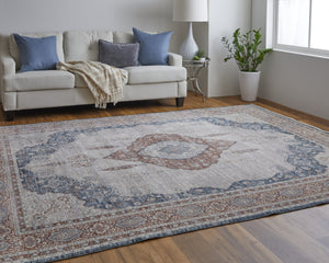 HomeRoots 5' Elegant Gray Red and Blue Floral Area Rug - Durable, Stain-Resistant Design for Any Room 8' X 10' 514458