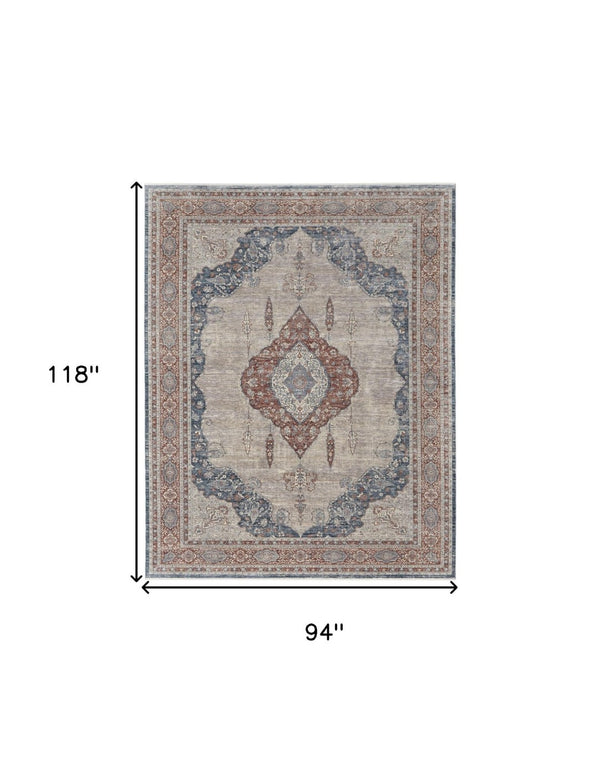 HomeRoots 5' Elegant Gray Red and Blue Floral Area Rug - Durable, Stain-Resistant Design for Any Room 8' X 10' 514458