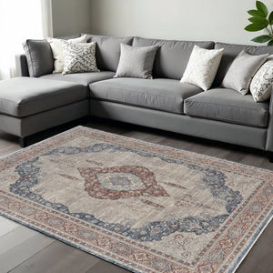 HomeRoots 5' Elegant Gray Red and Blue Floral Area Rug - Durable, Stain-Resistant Design for Any Room 8' X 10' 514458