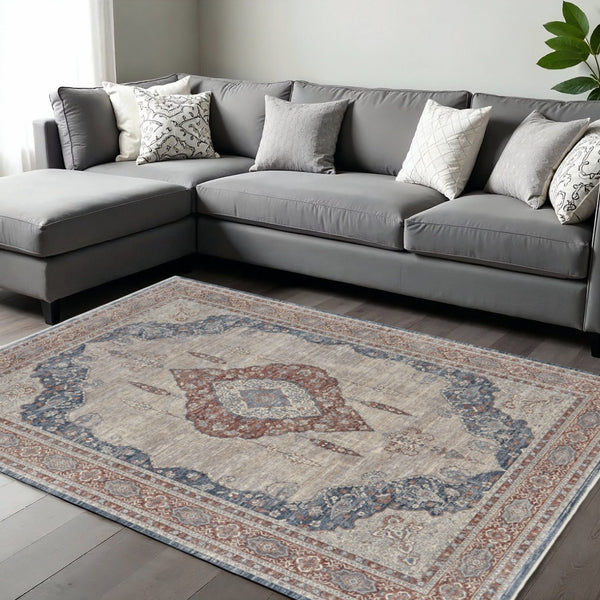 HomeRoots 5' Elegant Gray Red and Blue Floral Area Rug - Durable, Stain-Resistant Design for Any Room 10' X 13' 514459