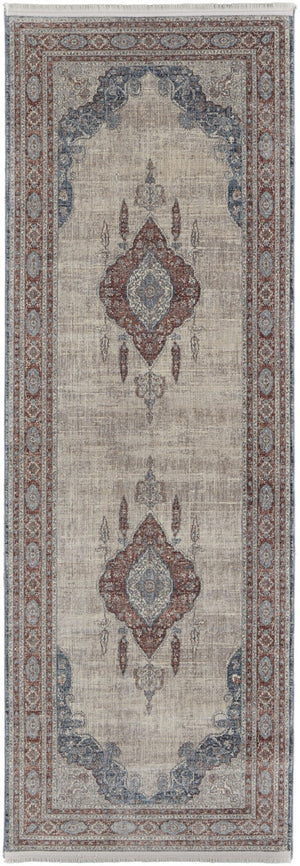 HomeRoots 5' Elegant Gray Red and Blue Floral Area Rug - Durable, Stain-Resistant Design for Any Room 8' Runner 514460
