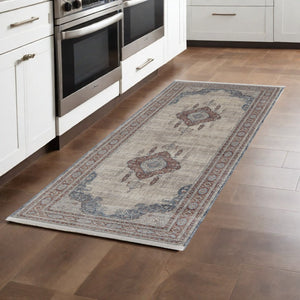 HomeRoots 5' Elegant Gray Red and Blue Floral Area Rug - Durable, Stain-Resistant Design for Any Room 8' Runner 514460