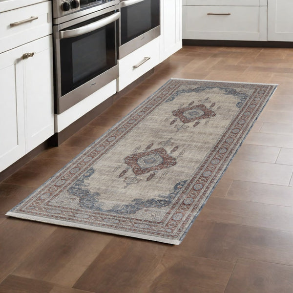 HomeRoots 5' Elegant Gray Red and Blue Floral Area Rug - Durable, Stain-Resistant Design for Any Room 8' Runner 514460