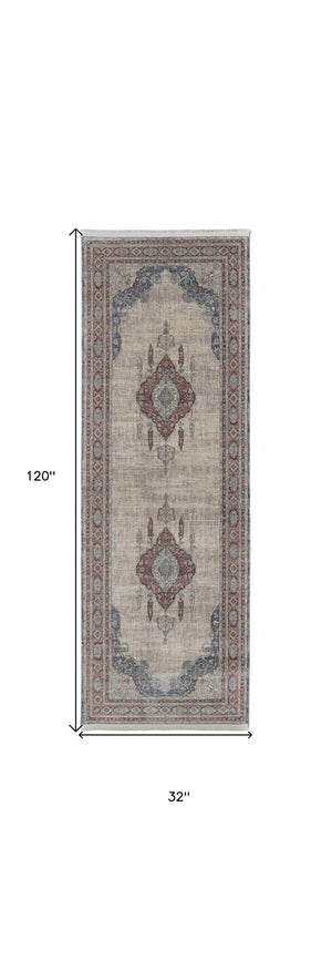HomeRoots 5' Elegant Gray Red and Blue Floral Area Rug - Durable, Stain-Resistant Design for Any Room 10' Runner 514461
