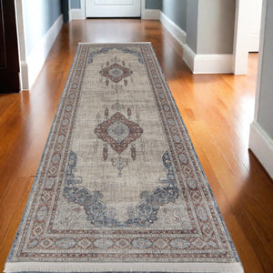 HomeRoots 5' Elegant Gray Red and Blue Floral Area Rug - Durable, Stain-Resistant Design for Any Room 10' Runner 514461