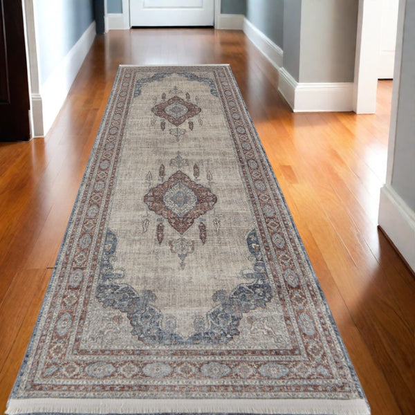 HomeRoots 5' Elegant Gray Red and Blue Floral Area Rug - Durable, Stain-Resistant Design for Any Room 10' Runner 514461
