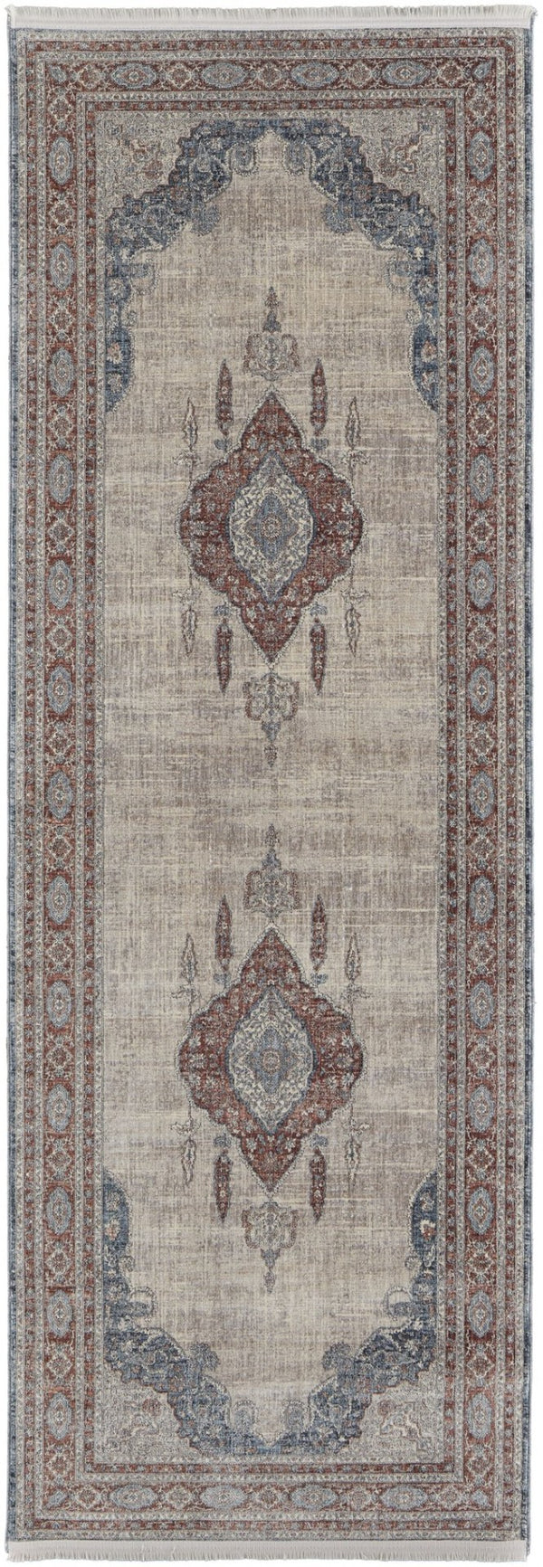 HomeRoots 5' Elegant Gray Red and Blue Floral Area Rug - Durable, Stain-Resistant Design for Any Room 12' Runner 514462