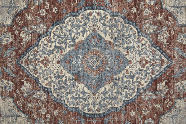HomeRoots 5' Elegant Gray Red and Blue Floral Area Rug - Durable, Stain-Resistant Design for Any Room 12' Runner 514462