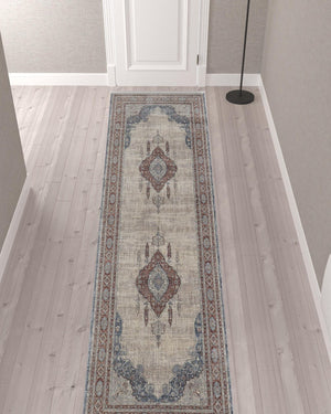HomeRoots 5' Elegant Gray Red and Blue Floral Area Rug - Durable, Stain-Resistant Design for Any Room 12' Runner 514462