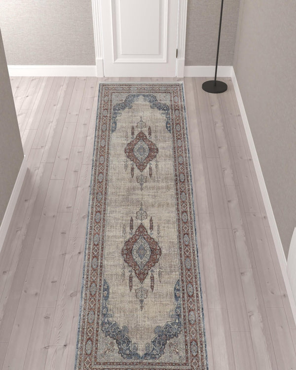 HomeRoots 5' Elegant Gray Red and Blue Floral Area Rug - Durable, Stain-Resistant Design for Any Room 12' Runner 514462