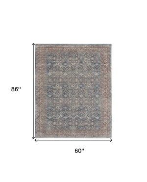 HomeRoots 5' Stunning Blue Beige Red Floral Area Rug - Durable, Stain-Resistant Design for Elegant Spaces 5' X 7' 514465