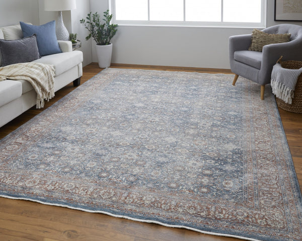 HomeRoots 5' Stunning Blue Beige Red Floral Area Rug - Durable, Stain-Resistant Design for Elegant Spaces 5' X 7' 514465