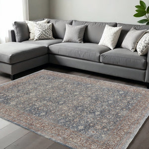 HomeRoots 5' Stunning Blue Beige Red Floral Area Rug - Durable, Stain-Resistant Design for Elegant Spaces 7' X 10' 514466
