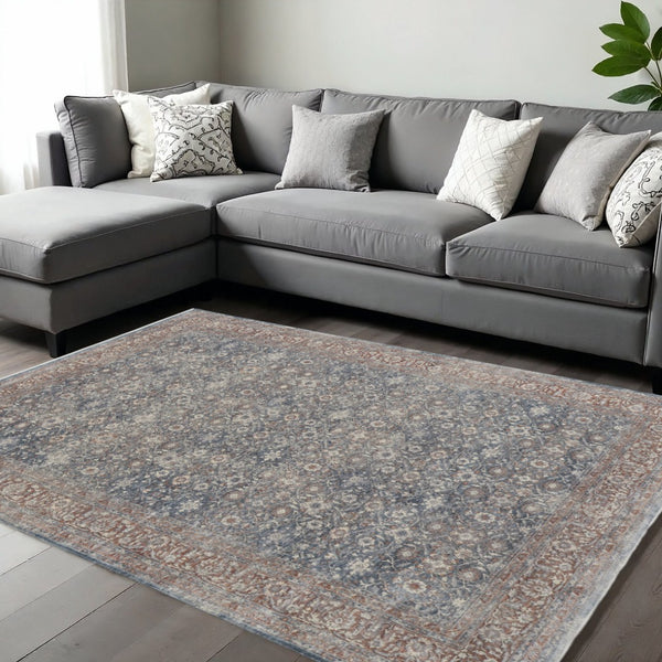 HomeRoots 5' Stunning Blue Beige Red Floral Area Rug - Durable, Stain-Resistant Design for Elegant Spaces 8' X 10' 514467