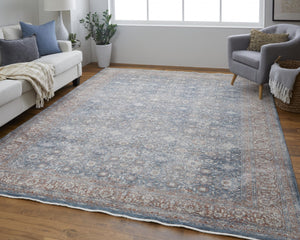 HomeRoots 5' Stunning Blue Beige Red Floral Area Rug - Durable, Stain-Resistant Design for Elegant Spaces 8' X 10' 514467