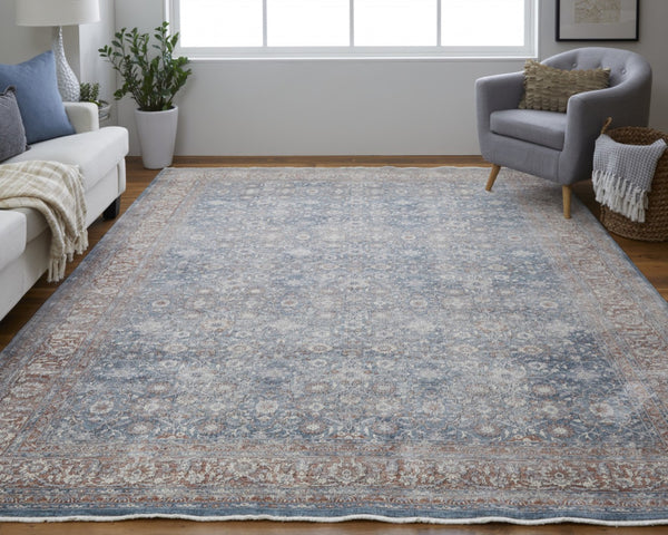 HomeRoots 5' Stunning Blue Beige Red Floral Area Rug - Durable, Stain-Resistant Design for Elegant Spaces 8' X 10' 514467