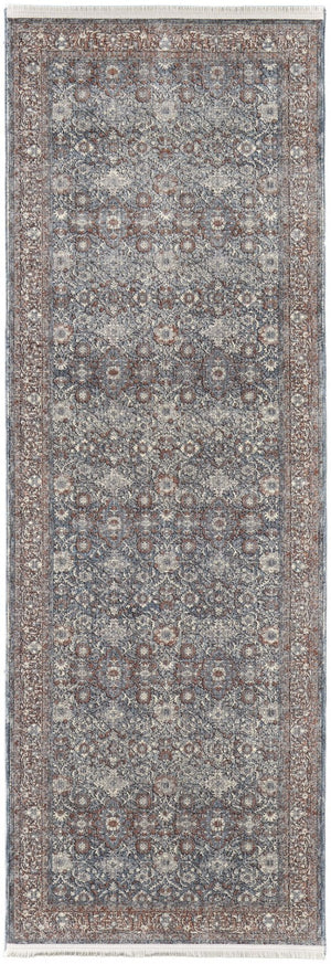 HomeRoots 5' Stunning Blue Beige Red Floral Area Rug - Durable, Stain-Resistant Design for Elegant Spaces 8' Runner 514469