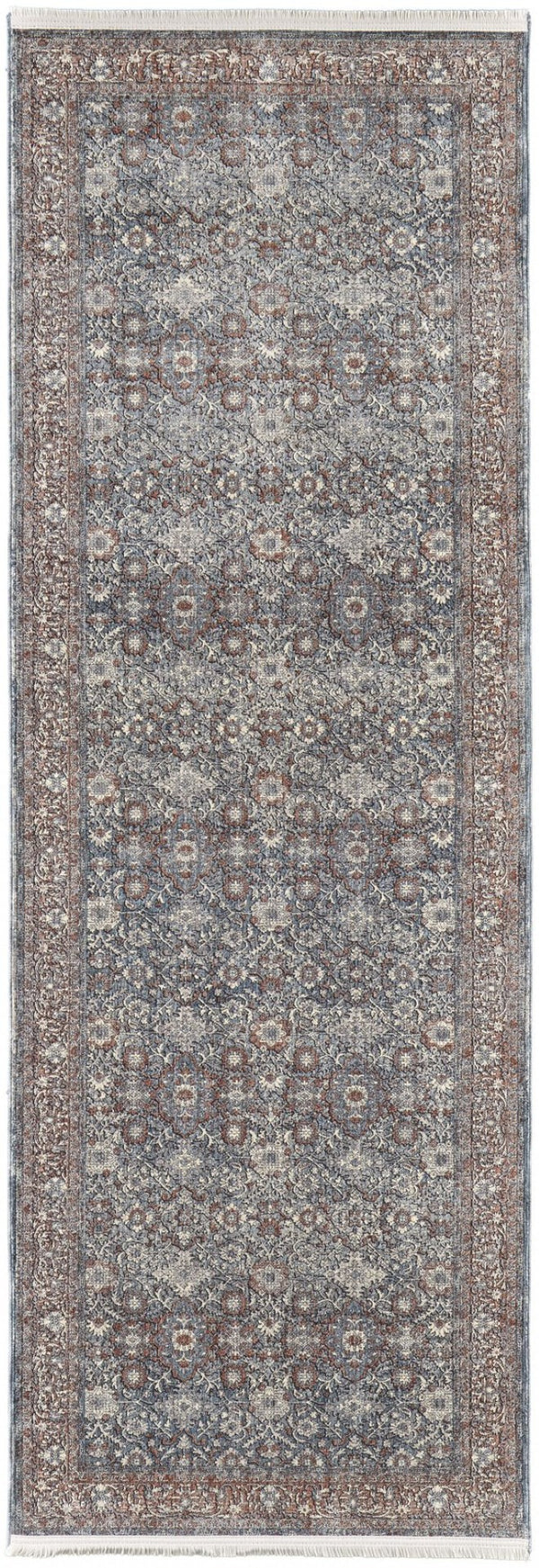 HomeRoots 5' Stunning Blue Beige Red Floral Area Rug - Durable, Stain-Resistant Design for Elegant Spaces 8' Runner 514469
