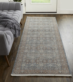 HomeRoots 5' Stunning Blue Beige Red Floral Area Rug - Durable, Stain-Resistant Design for Elegant Spaces 8' Runner 514469