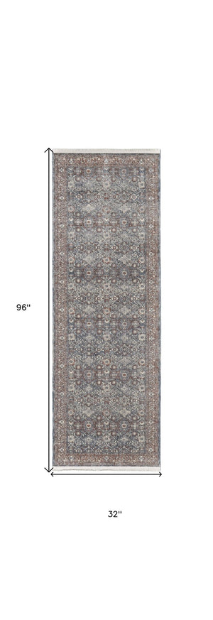 HomeRoots 5' Stunning Blue Beige Red Floral Area Rug - Durable, Stain-Resistant Design for Elegant Spaces 8' Runner 514469