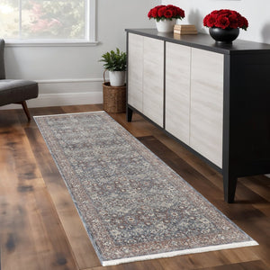 HomeRoots 5' Stunning Blue Beige Red Floral Area Rug - Durable, Stain-Resistant Design for Elegant Spaces 8' Runner 514469