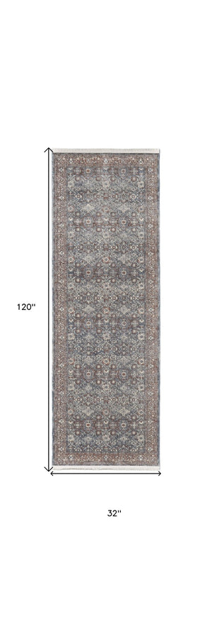 HomeRoots 5' Stunning Blue Beige Red Floral Area Rug - Durable, Stain-Resistant Design for Elegant Spaces 10' Runner 514470