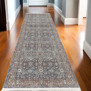 HomeRoots 5' Stunning Blue Beige Red Floral Area Rug - Durable, Stain-Resistant Design for Elegant Spaces 10' Runner 514470