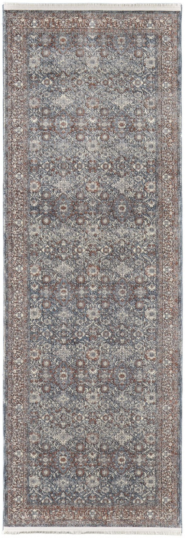 HomeRoots 5' Stunning Blue Beige Red Floral Area Rug - Durable, Stain-Resistant Design for Elegant Spaces 12' Runner 514471