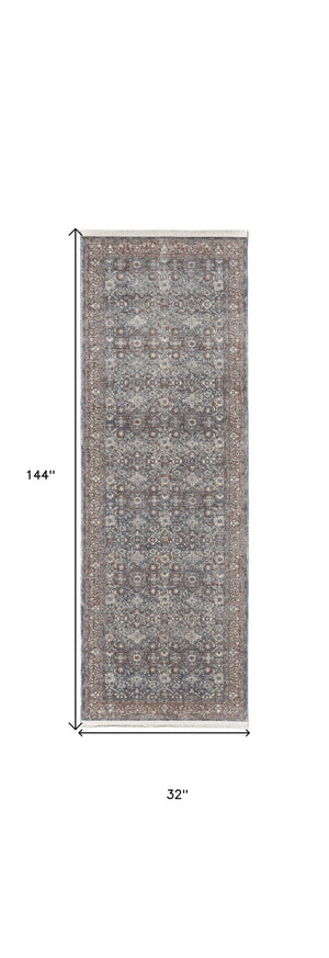 HomeRoots 5' Stunning Blue Beige Red Floral Area Rug - Durable, Stain-Resistant Design for Elegant Spaces 12' Runner 514471