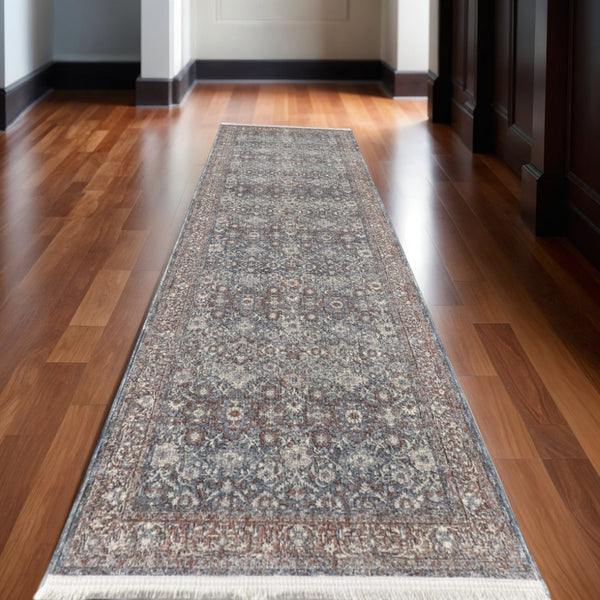 HomeRoots 5' Stunning Blue Beige Red Floral Area Rug - Durable, Stain-Resistant Design for Elegant Spaces 12' Runner 514471