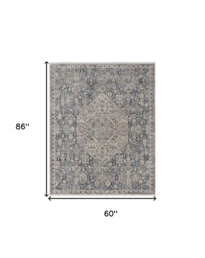 HomeRoots 5' Blue and Ivory Floral Area Rug - Durable Power Loom Design for Timeless Elegance in Any Space 5' X 7' 514474