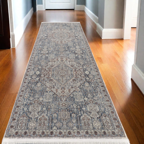 HomeRoots 5' Blue and Ivory Floral Area Rug - Durable Power Loom Design for Timeless Elegance in Any Space 10' Runner 514479